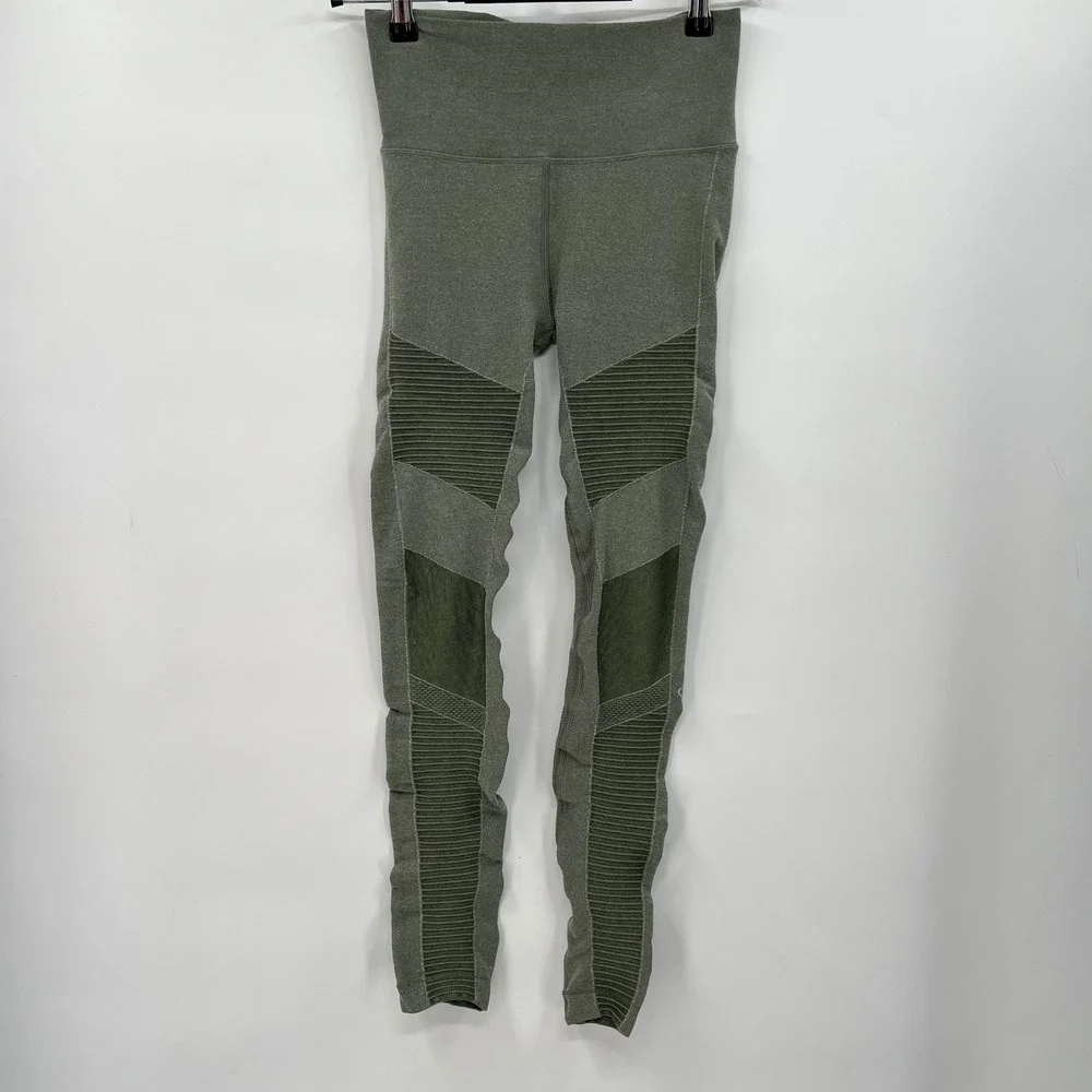Alo Yoga High Waist‎ Moto Leggings Olive Green Mesh Panel Small